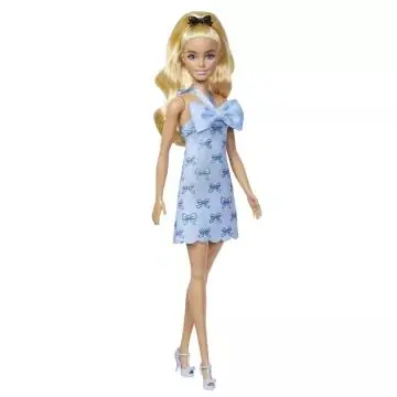 Barbie Fashionista Barátnők stílusos divatbaba kék masnis ruhában Különleges ajánlat