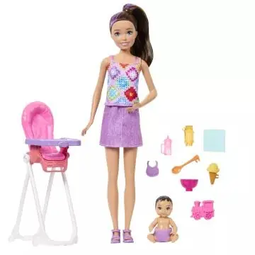 Barbie Bébiszitter játékszett - Skipper baba kisbabával és etetőszékkel Rendeld meg most