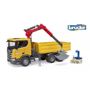 Olcsóbb Bruder Scania Super 560R darus billencs teherautó markolókanállal, raklappal és emelőhoroggal
