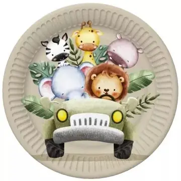 Szafari állatok a dzsipben papírtányér csomag - 18 cm, 8 darabos Kedvezmény