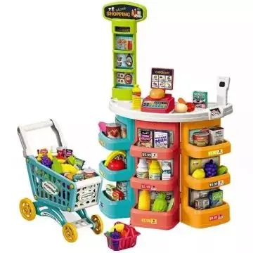 Prémium Szupermarket játékszett guruló bevásárlókocsival - 76 db-os szett, 78 cm