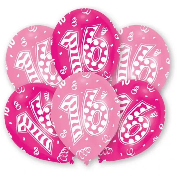 Vásárlói kedvenc Happy Birthday 16 Pink léggömb, lufi 6 db-os 11 inch (27,5 cm)