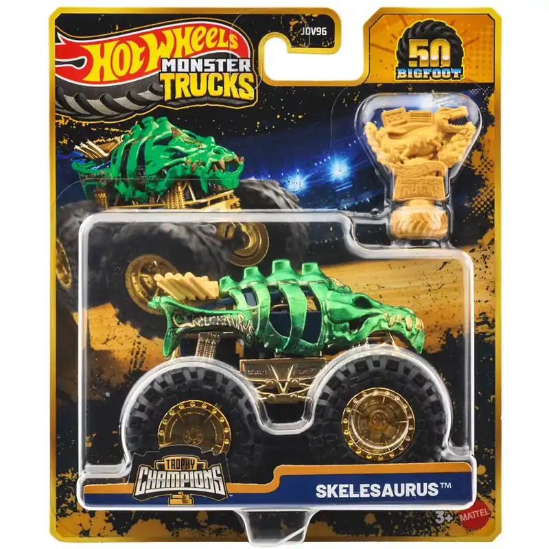 Hot Wheels Monster Trucks Skelesaurus bajnok monster kisautó serleggel 1/64 - Mattel Azonnali szállítás