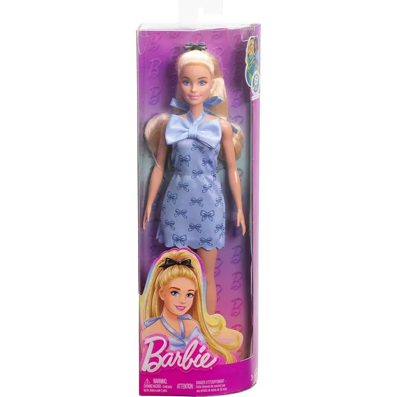 Akciós ár Barbie Fashionista stílusos szőke baba csokornyakkendő mintás kék ruhában - Mattel
