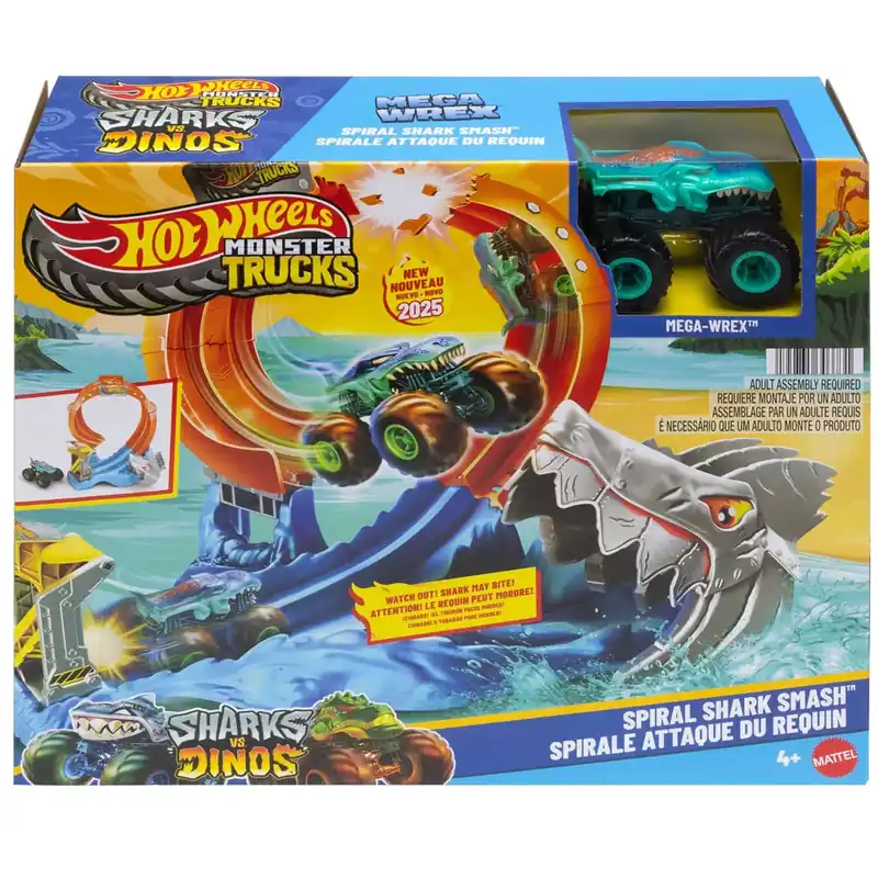 Olcsóbb Hot Wheels Monster Trucks Spiral Shark Smash pályaszett Mega-Wrex kisautóval – Mattel