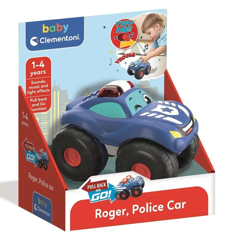 Roger, hátrahúzós baby rendőrautó hanggal és fénnyel - Clementoni Kiárusítás