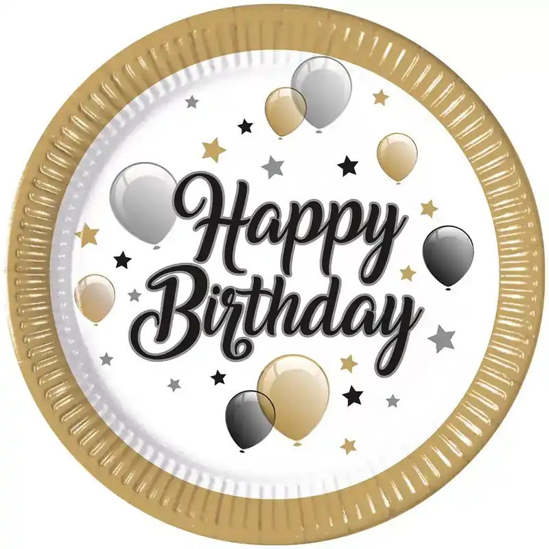 Elegáns szülinapi „Happy Birthday” feliratú papírtányér 8db-os szett Végkiárusítás
