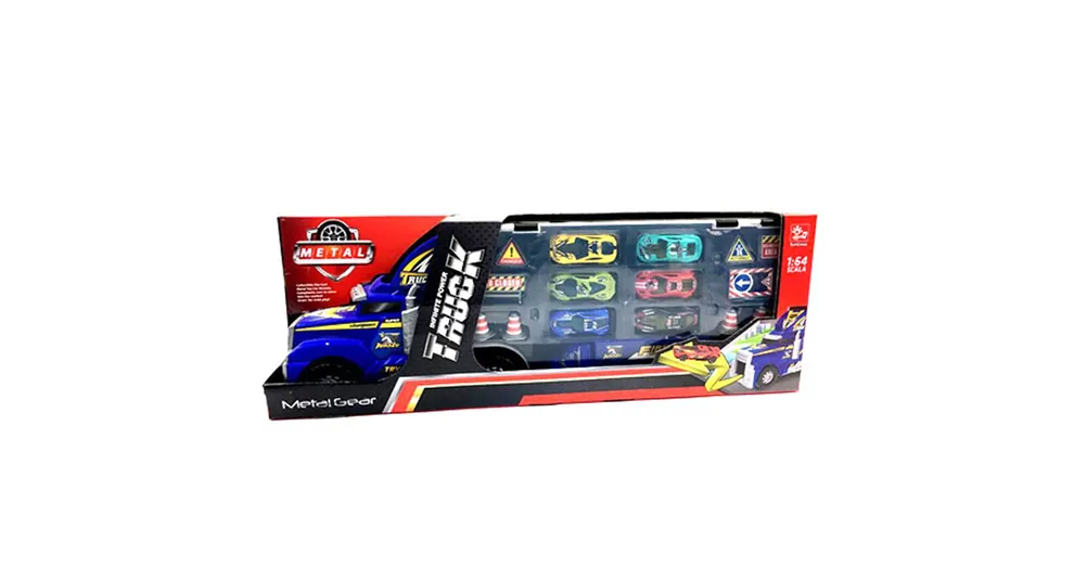 Vedd meg online Autószállító kamion kisautókkal és táblákkal