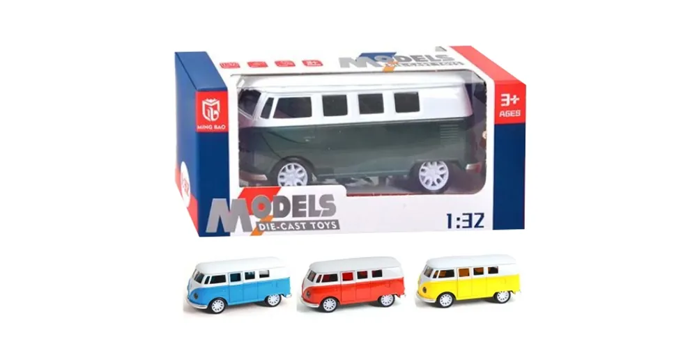 Outlet Volkswagen T1 1/32-es hátrahúzható fém autómodell nyitható ajtóval, fénnyel és hanggal több változatban