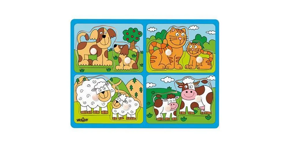 Biztonságos fizetés Állatok kicsinyükkel fa forma-puzzle fogantyúval – Woodyland