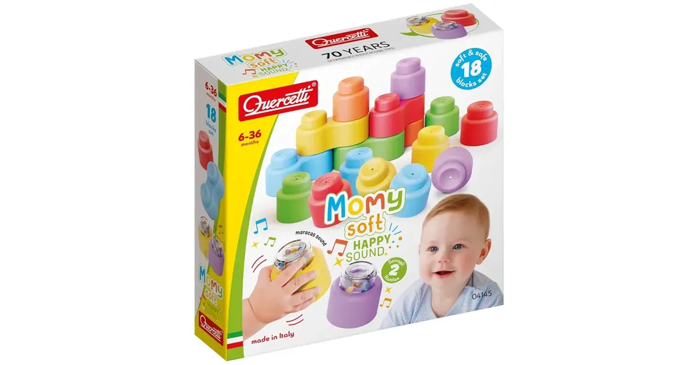 Quercetti Momy Soft 18 db-os puha csörgős építőkocka szett Ne maradj le