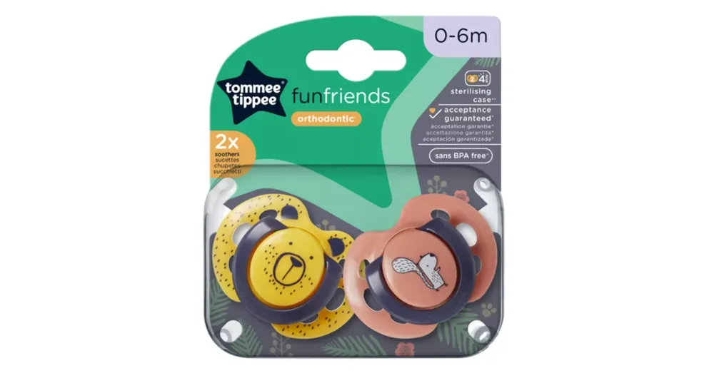 Különleges ajánlat Tommee Tippee FunFriends 2 db-os ortodontikus cumi szett több változatban (0–6 hó)
