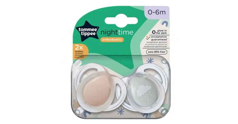 Tommee Tippee Night Time 2 db-os fluoreszkáló ortodontikus cumi szett több változatban (0–6 hó) Szezonális akció