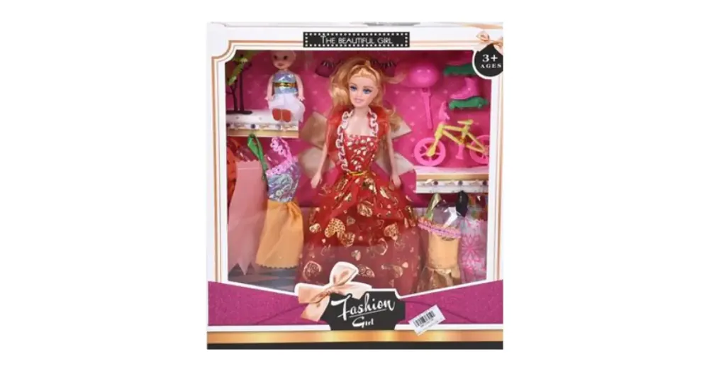 Fashion Girl Baba és gyermek baba szett kerékpárral és kiegészítőkkel 28 cm-es Gyors szállítás