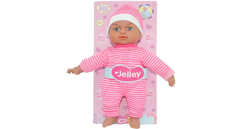 Vedd meg most Jelley baba csíkos ruhában 25 cm