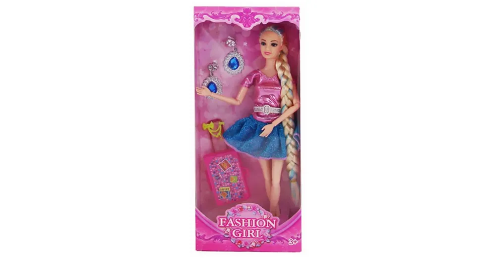 Akciós ár Fashion Girl divatbaba bőrönddel és fülbevalóval 29 cm