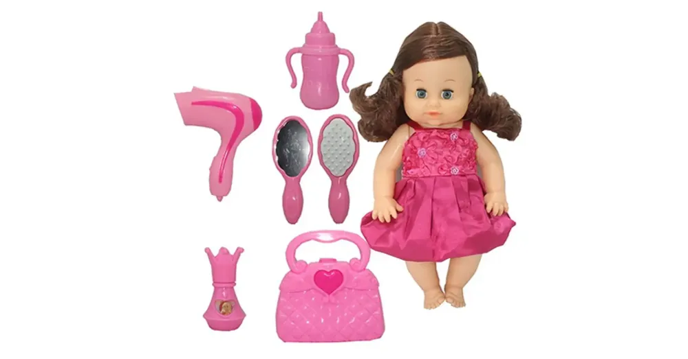 Prémium Dorina barna hajú 36 cm-es pisilő baba fodrász készlettel, kiegészítőkkel és hang effektekkel