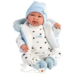 Llorens Tino 44 cm-es síró baba kapucnis kék mellényben Azonnal elérhető