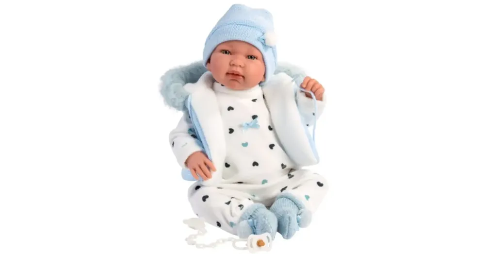 Llorens Tino 44 cm-es síró baba kapucnis kék mellényben Azonnal elérhető