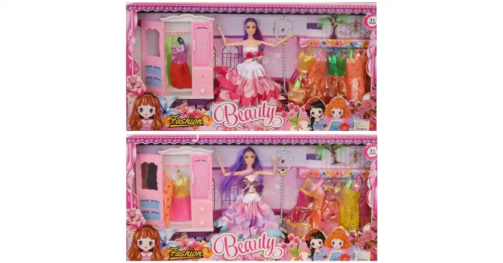 Vásárlói kedvenc Betty baba gardróbbal és divatos ruhákkal 30 cm