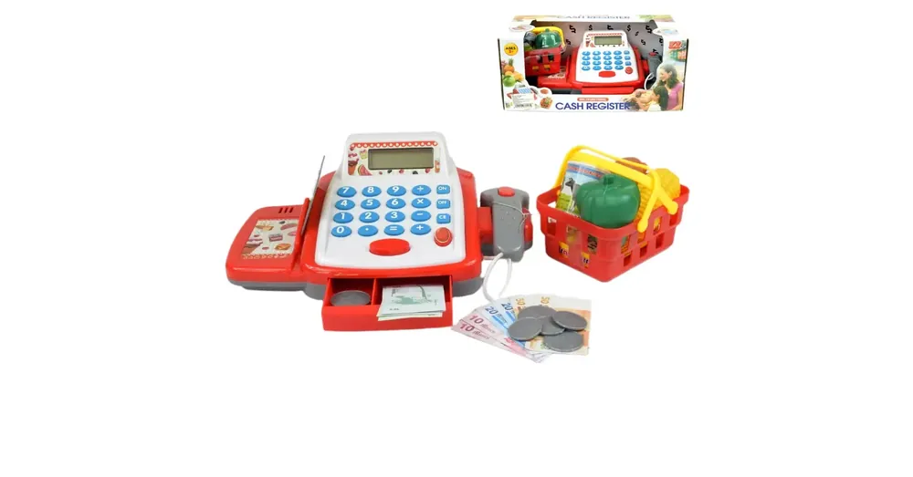 Outlet Fehér-piros elektronikus pénztárgép hanggal, termékekkel és játékpénzzel 25x10x14 cm