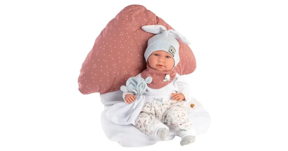 Újdonság Llorens Mimi Llorana 42 cm-es síró újszülött baba gomba formájú párnával