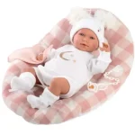 Újdonság Llorens Mimi Llorana 42 cm-es síró újszülött baba kockás ággyal