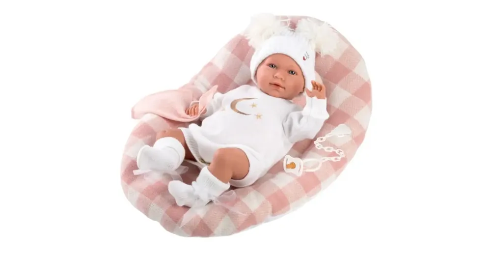 Újdonság Llorens Mimi Llorana 42 cm-es síró újszülött baba kockás ággyal
