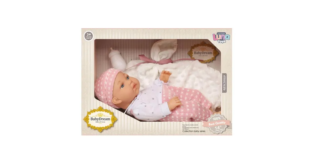 Vásárlói kedvenc Baby Dream Csecsemőbaba pink ruhában kiegészítőkkel 35 cm-es