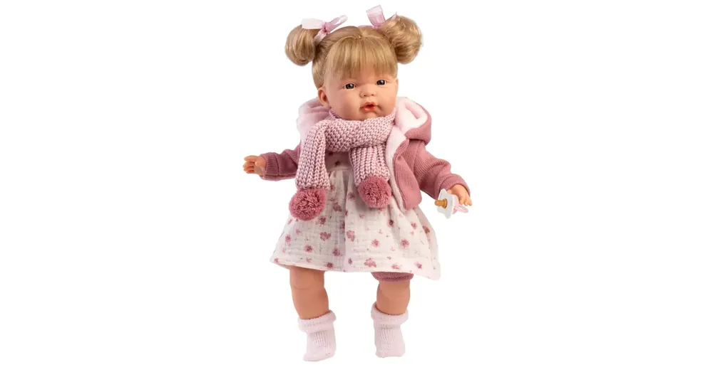 Llorens Joelle 38 cm-es baba hanggal kötött kabátban sállal Ajánlat