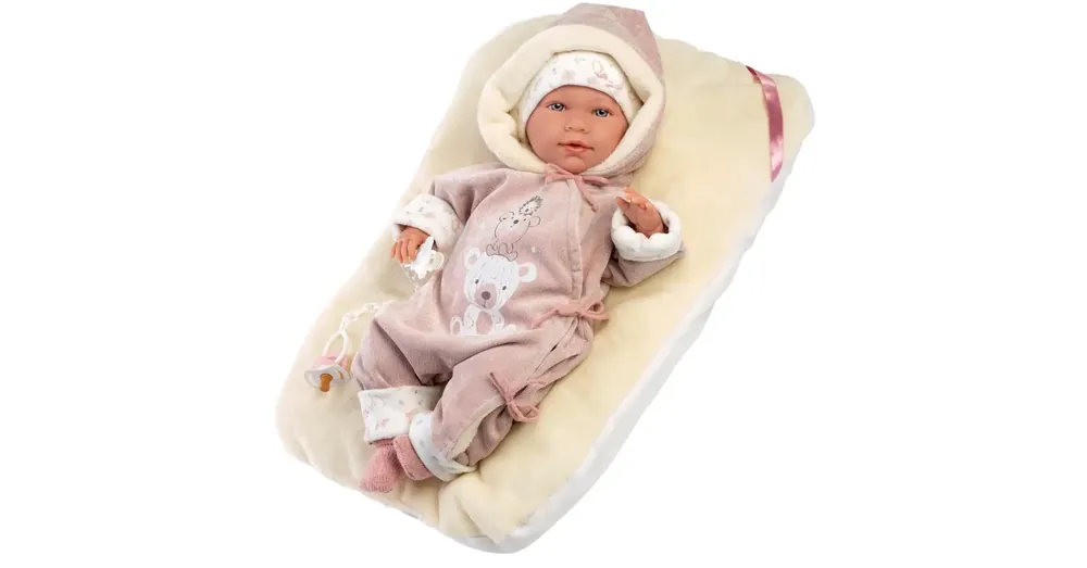 Kedvezményes ár Llorens Lala 42 cm-es baba hanggal macis ruhában, ágyikóval