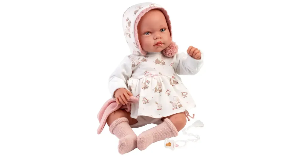 Llorens Tala Llorana 44 cm-es újszülött baba hanggal kapucnis ruhában Gyors szállítás