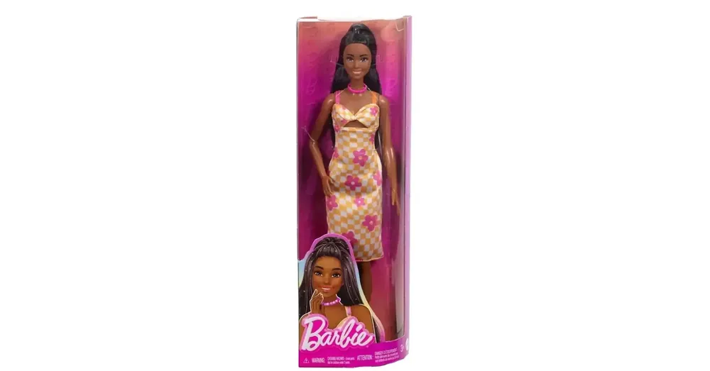 Barbie Fashionista stílusos baba kockás, virágos mintás ruhácskában – Mattel Gyors szállítás
