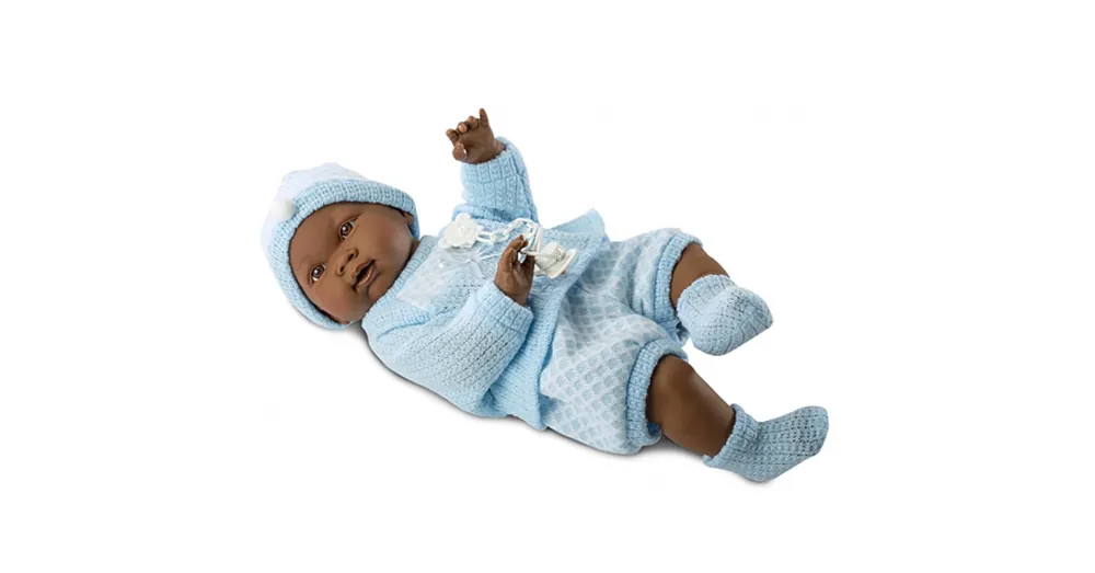 Afroamerikai csecsemő baba kék ruhában 45 cm-es Kedvezményes ár