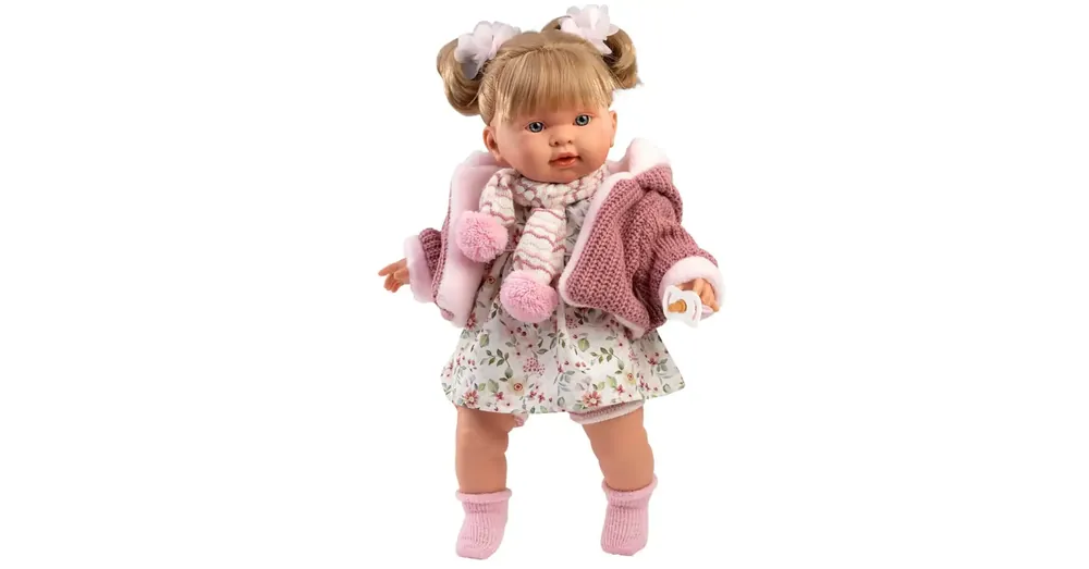 Llorens Alexandra 42 cm-es síró baba cumival rózsaszín kötött kabátban és virágos szoknyában Ajánlat