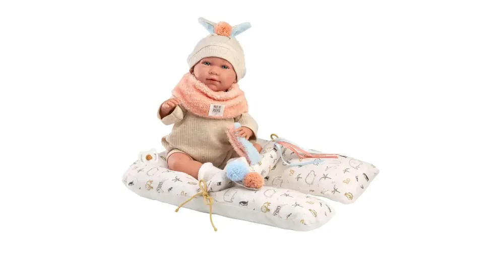 Llorens Mimi 42 cm-es síró baba füles sapkában párnával Szuper ajánlat