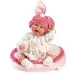 Llorens Mimi 42 cm-es mosolygós baba nyuszifüles rózsaszín sapkában párnával Szuper ajánlat