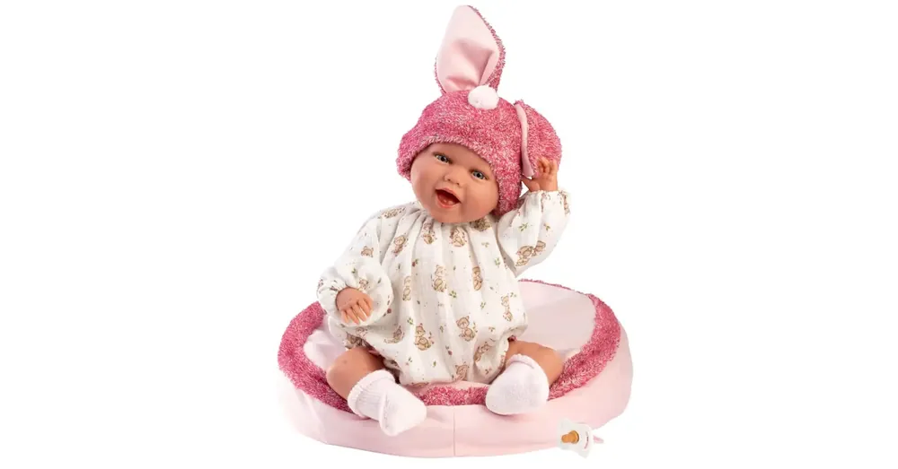 Llorens Mimi 42 cm-es mosolygós baba nyuszifüles rózsaszín sapkában párnával Szuper ajánlat