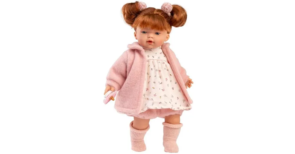 Llorens Lea 33 cm-es vörös hajú síró baba cumival rózsaszín kabátban Népszerű