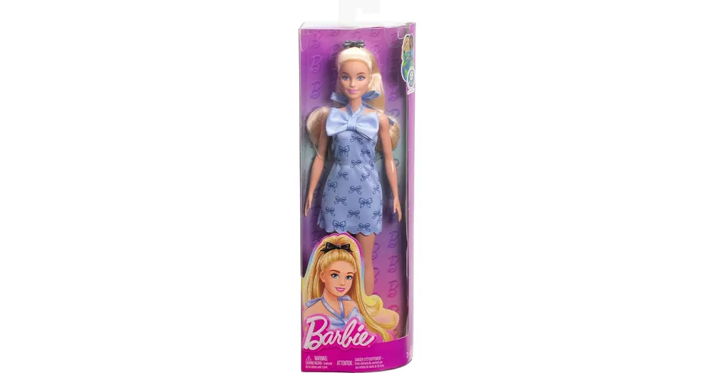 Barbie Fashionista stílusos szőke baba csokornyakkendő mintás kék ruhában – Mattel Expressz kézbesítés