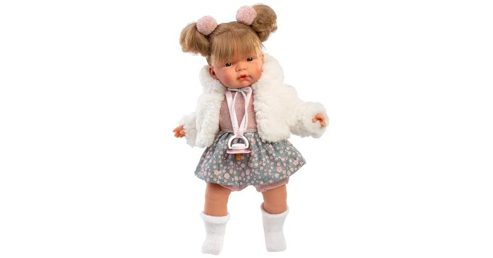 Llorens Joelle 38 cm-es síró baba cumival fehér kabátban Népszerű