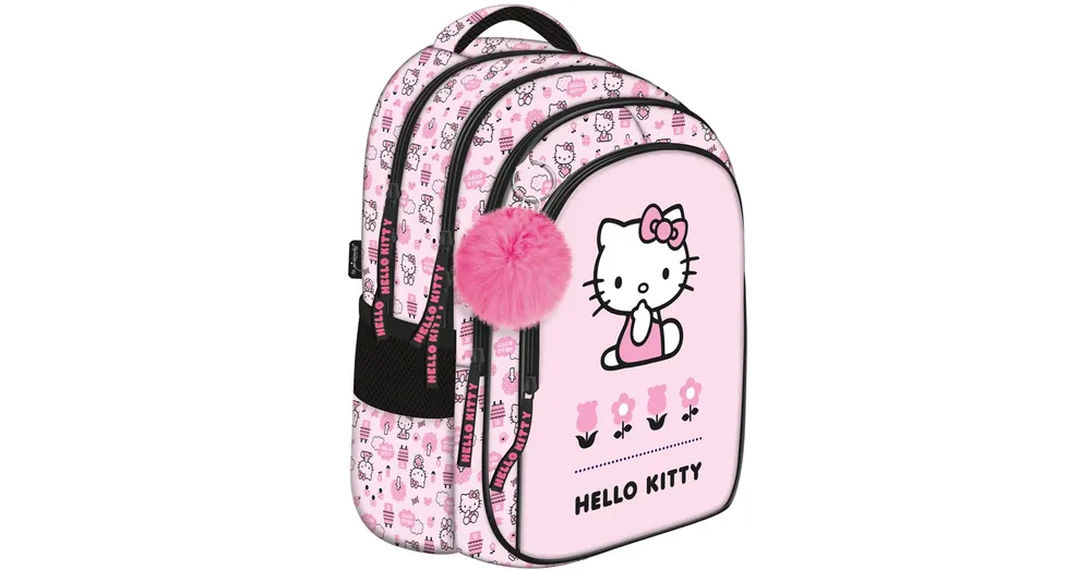 Legkelendőbb Rózsaszín Hello Kitty mintás 4 rekeszes iskolatáska, hátizsák pomponnal BPL58 40x28x18 cm