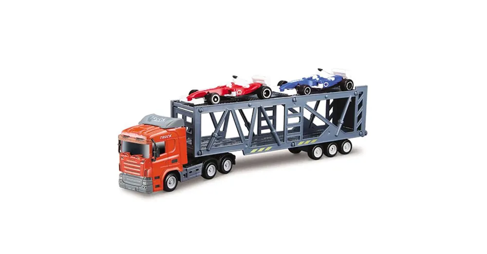 Autószállító kamion két versenyautóval kisautó 1/64 – Mondo Motors Akció