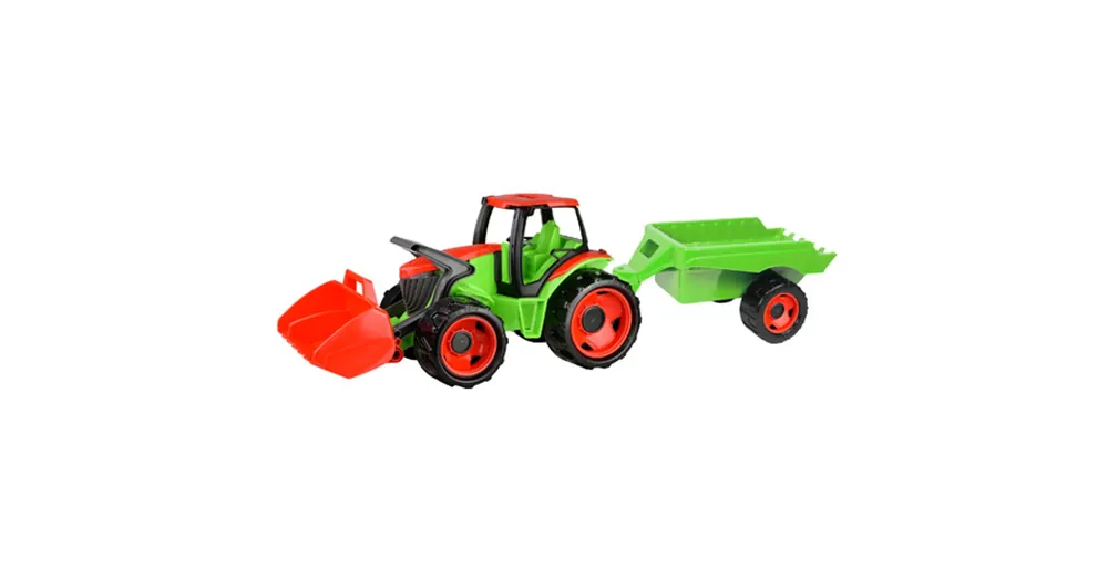 Legkelendőbb LENA Óriás zöld-piros traktor markolóval és utánfutóval 107 cm
