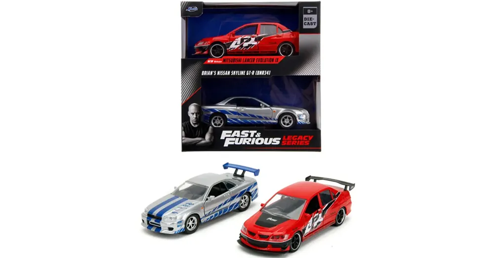 Vedd meg most Halálos iramban Mitsubishi Lancer Evolution IX és Nissan Skyline GT-R (BNR34) 2 db-os csomag 1/32 méretarányban – Jada Toys