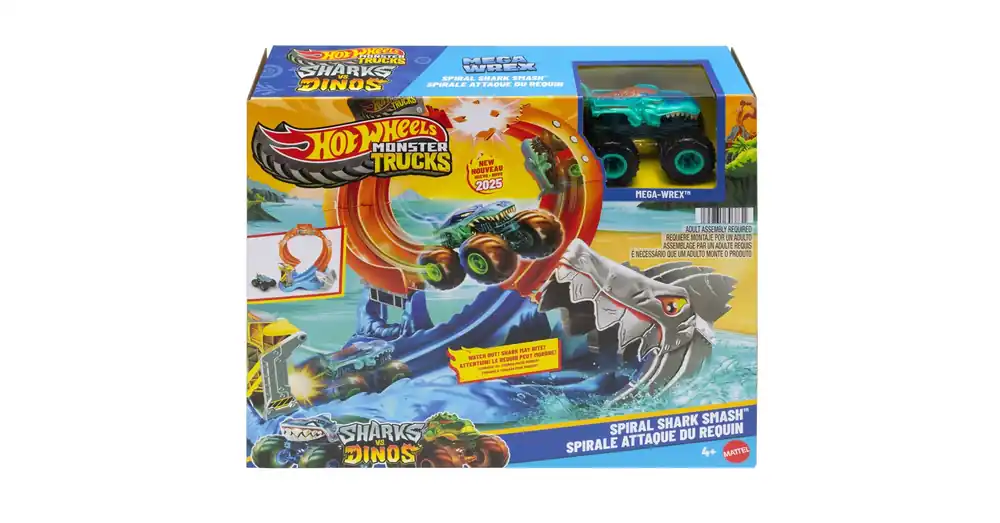 Hot Wheels Monster Trucks Spiral Shark Smash pályaszett Mega-Wrex kisautóval – Mattel Korlátozott ajánlat