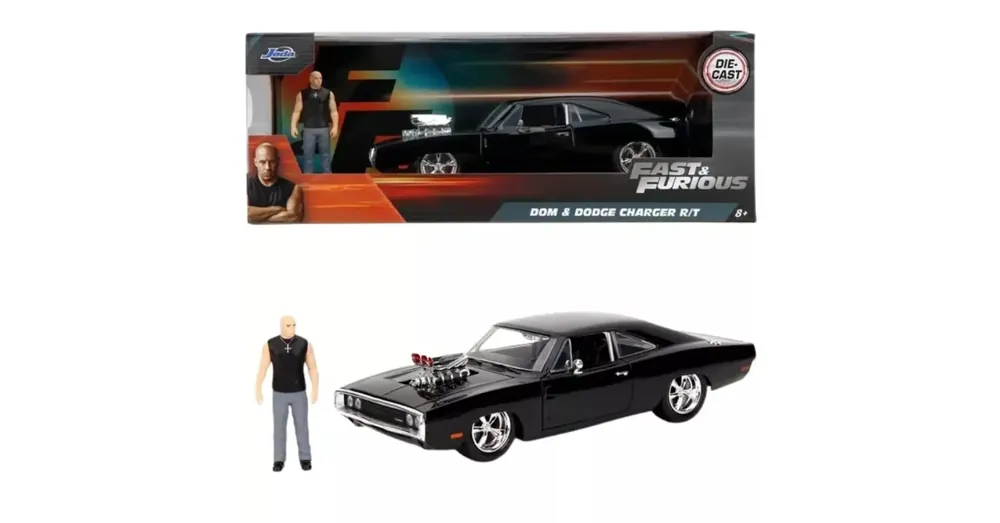 Árcsökkenés Halálos iramban 1970 Dodge Charger fém autómodell Dom figurával 1/24 – Simba Toys