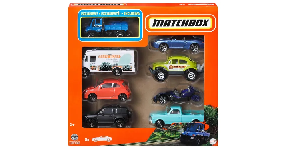 Matchbox 8 db-s kisautó szett exkluzív kék Mercedes-Benz pickup autóval – Mattel Legnépszerűbb