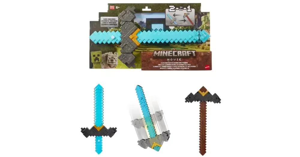 Újdonság Minecraft Egy Minecraft film 2 az 1-ben Kattanással átalakítható kard és csákány – Mattel