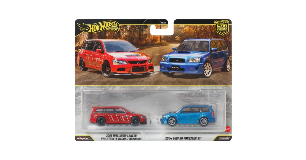 Hot Wheels Deluxe 2005 Mitsubishi Lancer Evolution IX Wagon és 2004 Subaru Forester STI kisautó 2 db-os csomag 1/64 – Mattel Népszerű